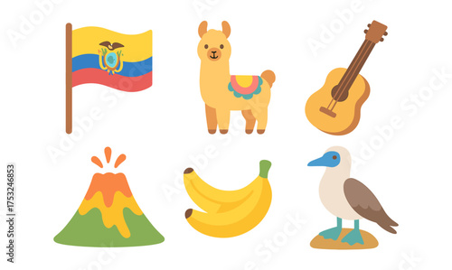 Ecuador landmarks and icons set featuring llama and andes culture