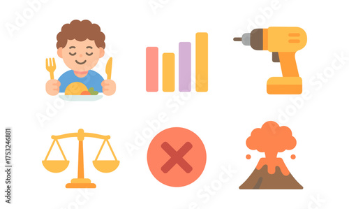 Cute icons of boy eating, growth chart, power drill, scales, red cross, and erupting volcano