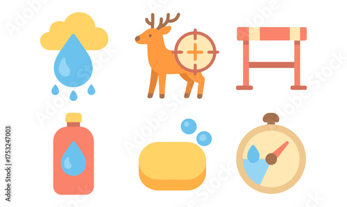 Flat style icons: weather, deer, racing, soap, stopwatch