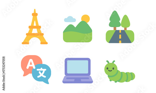 Colorful minimal icons: eiffel tower, nature, road, translation, laptop, caterpillar