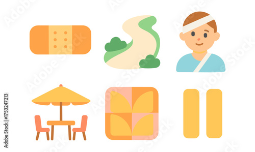 Flat design icons: medical care, outdoor relaxation, and nature path elements