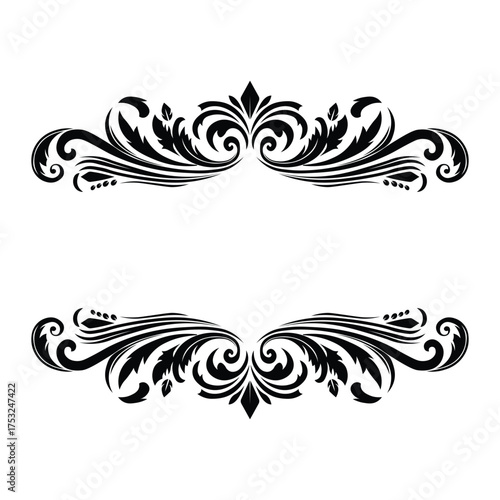 Vector art of symmetrical black and white vector design featuring elegant floral flourishes, perfect for adding a touch of sophistication