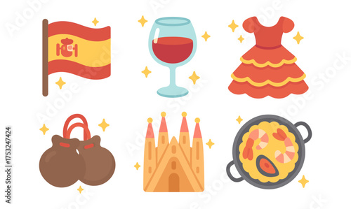 Spanish culture icons: flag, wine, flamenco dress, instruments, architecture, paella
