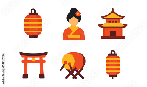 Flat japanese cultural icons: lantern, geisha, pagoda, torii, drum