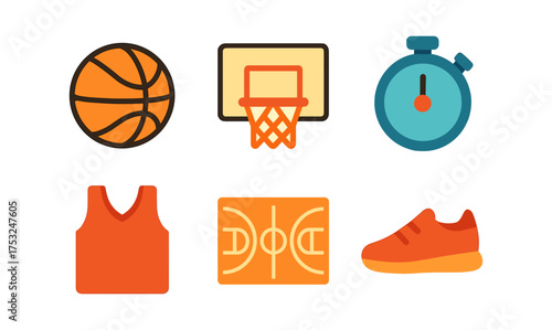Colorful basketball icons set: ball, hoop, court, jersey, shoe, stopwatch