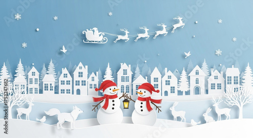 santa claus and snowman. Merry Christmas composition in paper cut style. Santa Claus on the sky with reindeer and snowman in a winter village scene.