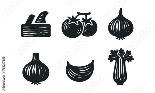Hand-drawn vegetable icons: cheese, tomatoes, onions, garlic, celery