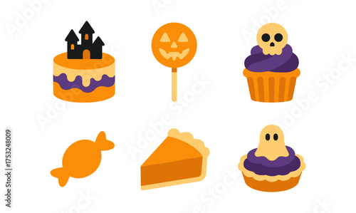 Halloween desserts collection: spooky cakes, pies, and candy in flat design