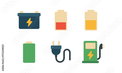 Battery and energy icons collection with flat design style for modern technology