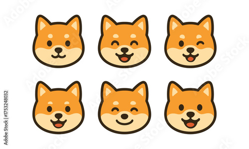 Cute shiba inu cartoon faces with different expressions in flat style