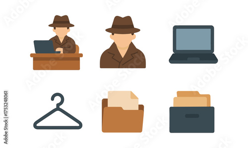 Mystery detective icons set with laptop, files, and suit in flat design