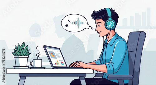 businessman working on laptop with listening music