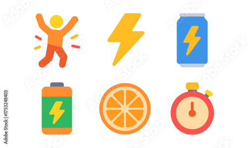 Colorful icons of energy and activity: lightning, battery, and more