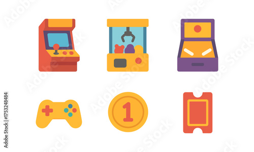 Retro-inspired gaming icons collection featuring arcade and claw machines