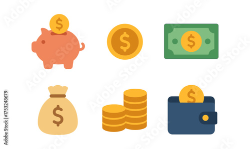 Flat financial icons: piggy bank, coins, and currency symbols for budgeting concepts