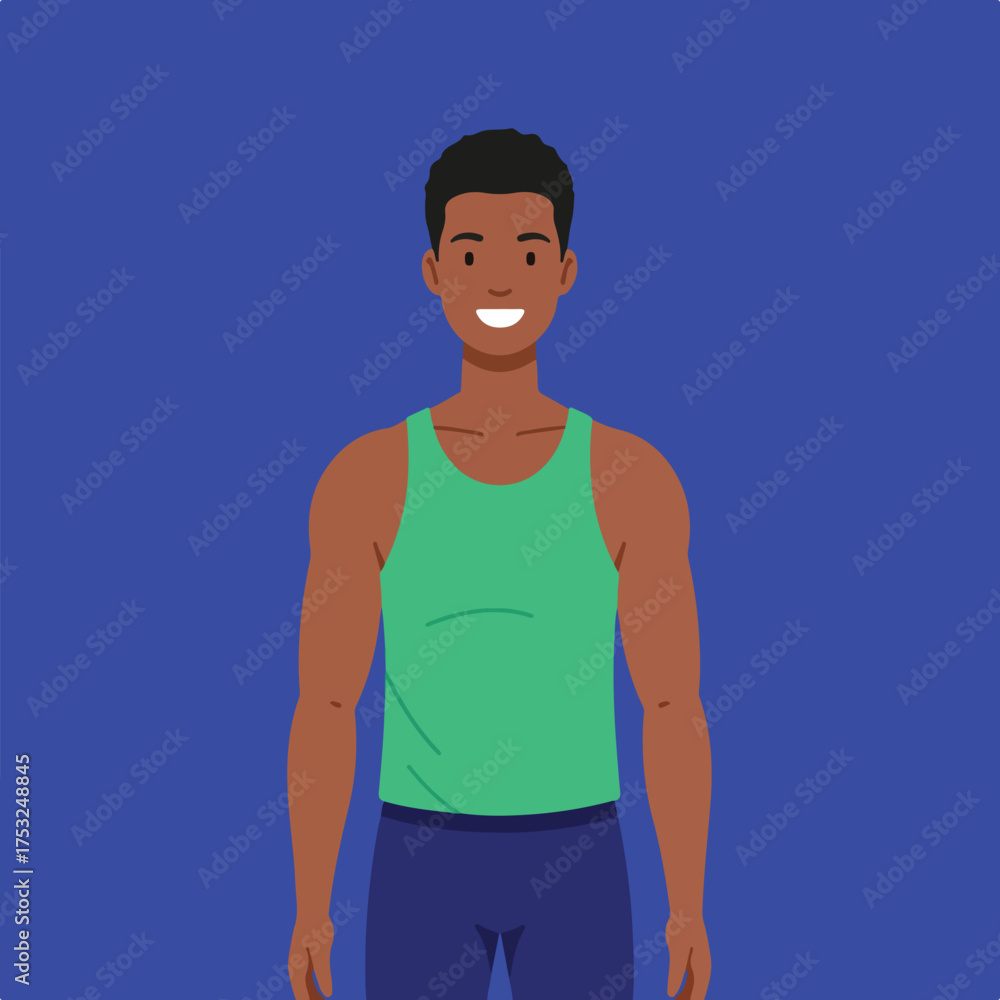 Fototapeta premium A smiling man in a green tank top and blue pants