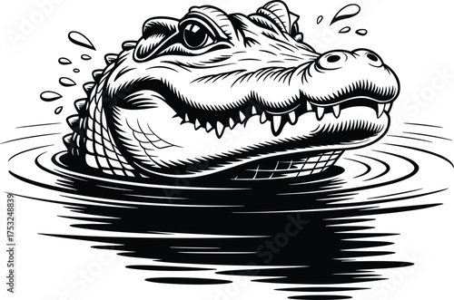 Drawing of Alligator Emerging from Water with Droplets Vector hand drawn illustration