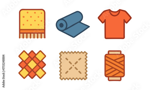 Textile and fabric icons in flat design: rugs, threads, and patterns
