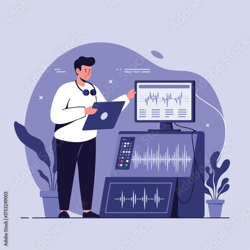 A person works with audio equipment, displaying waveforms on multiple screens