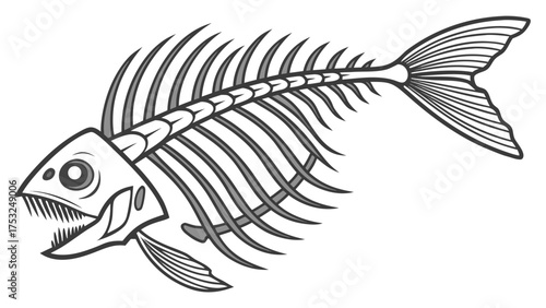 Detailed fish skeleton with sharp teeth and intricate bone structure, showcasing anatomy and decay in monochrome illustration