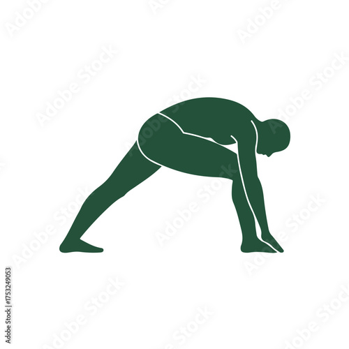 Figure in a deep lunge, stretching one leg forward and bending the knee