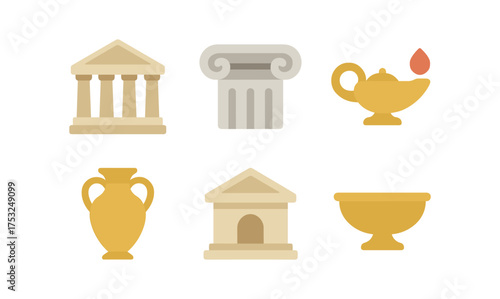 Ancient greek icon set: temples, columns, and artifacts in flat design