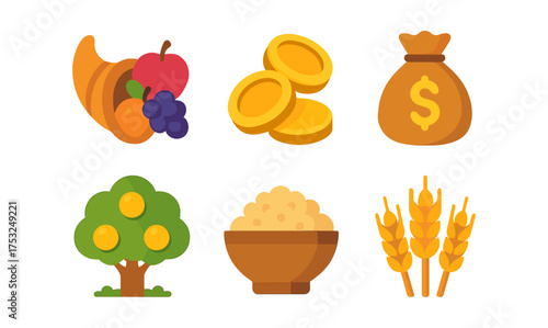 Harvest icons: autumn fruits, gold coins, money bag, fruit tree, rice bowl, wheat