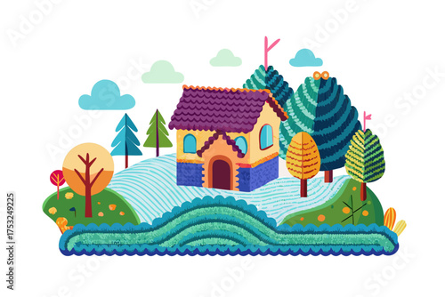 Charming cartoon house nestled in whimsical landscape with trees and rolling hills, evokes a sense of storybook fantasy and imaginative creativity