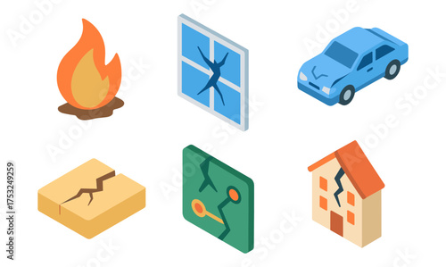 Isometric disaster icons: fire, broken window, car, cracked ground, circuit board, damaged house