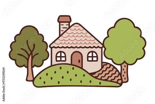 Charming cottage nestled among trees, evoking cozy comfort and storybook whimsy, perfect for children's illustrations and idyllic countryside scenes