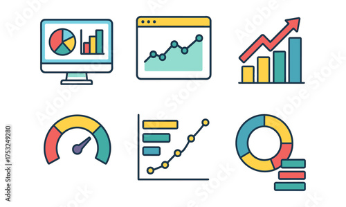 Minimalist line art business analytics and data visualization icons set