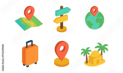 Colorful isometric travel icons with maps, globes, and landmarks for navigation
