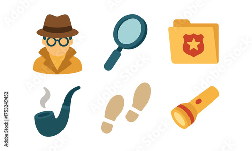 Detective elements set with magnifying glass, hat, pipe, shoes, flashlight, file