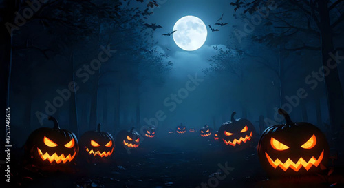 Illustration of glowing carved jack-o'-lantern pumpkins under full moon, spooky path dark foggy forest at night - Halloween horror spooky scary creepy background
