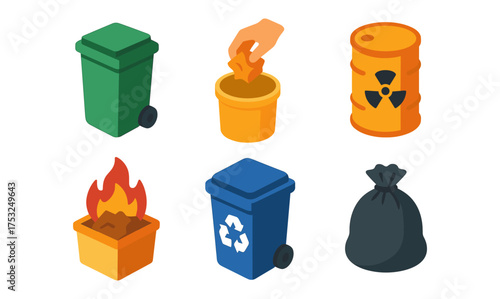 Isometric trash bin icons for waste sorting and recycling