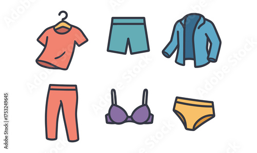 Colorful line art of casual and underwear clothing items on hangers