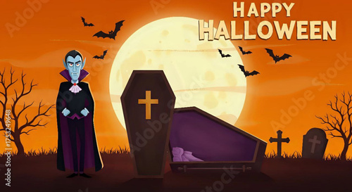 Illustration of dracula vampire character and "happy halloween" coffin with humorous "straight outa the coffin" meme slogan - Halloween funny, party, festive holiday celebration season banner, poster