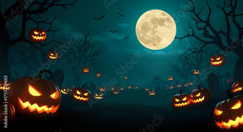 Illustration of glowing carved jack-o'-lantern pumpkins under full moon, spooky path dark foggy forest at night - Halloween horror spooky scary creepy background