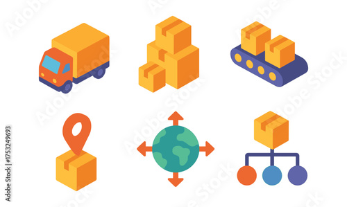 Isometric logistics icons: delivery, packaging, and transportation concepts