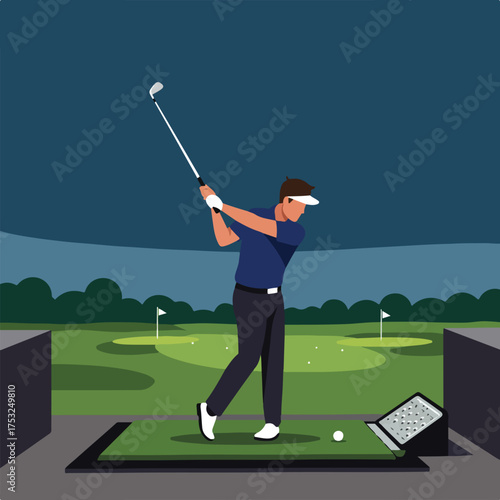 Golfer swings at a driving range on a cloudy day