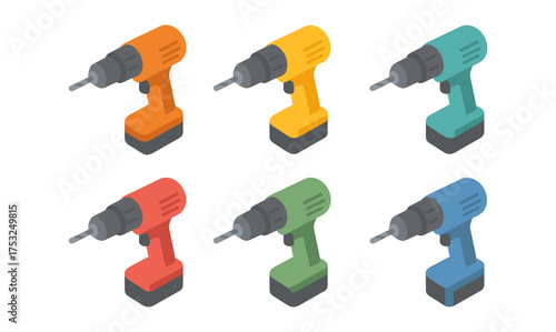 Colorful isometric electric drill set in six variations for diy projects