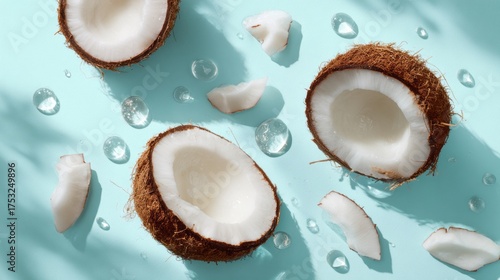 Halved coconuts and white pieces rest on a turquoise background with scattered water droplets, highlighting fresh tropical texture, bright natural light, clean composition, and a refreshing food.