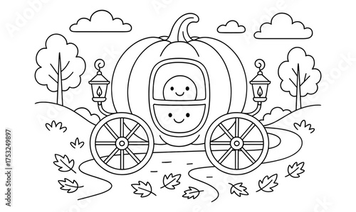Charming autumn pumpkin carriage outline for kids' coloring adventure