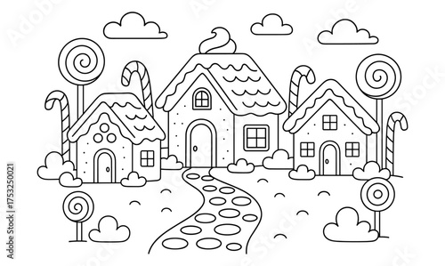 Whimsical candy village with gingerbread houses in outline art