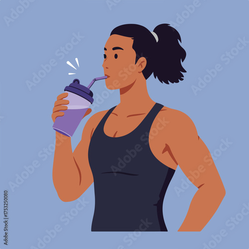 Woman in tank top drinks from purple shaker bottle with straw