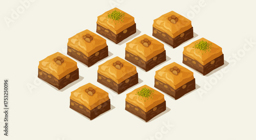 Minimal flat design of traditional baklava sweets arranged in geometric patterns, modern vector style.