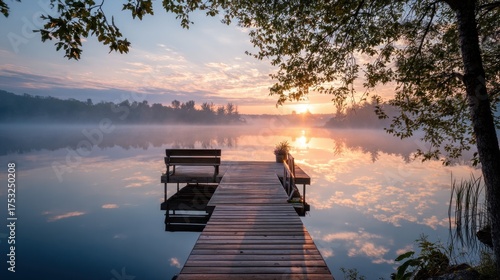 Idyllic Golden Sunrise over Misty Lake with Wooden Dock, Bench, and Perfect Reflections