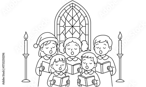 Choir singing christmas carols in church with stained glass window