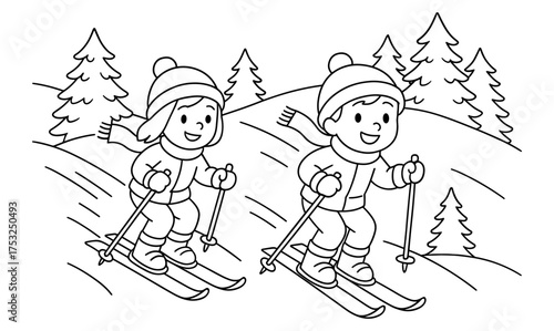 Cute kids skiing downhill in winter forest coloring page