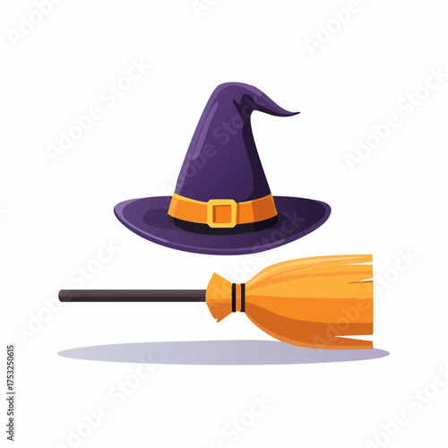 Witch Hat and Broom Flat Vector Halloween Icons